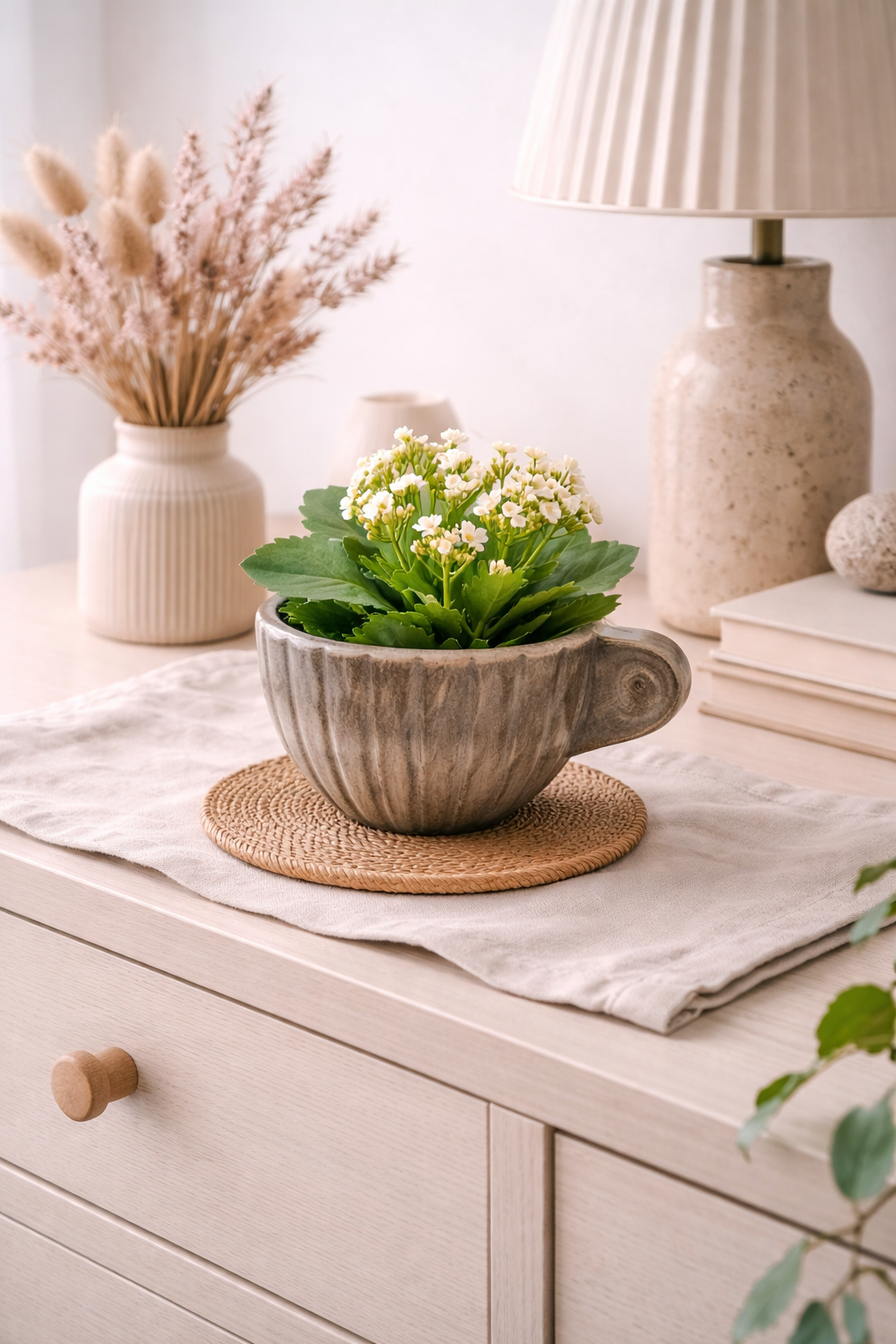 Grågrön dekorationskopp med liten blommande växt på linneduk på byrå i hemtrevlig miljö.